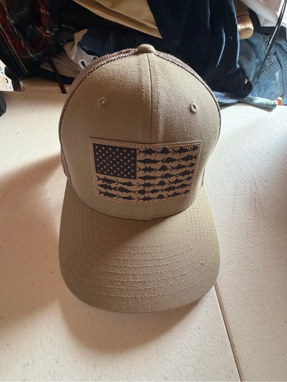 adidas Olive Khaki Trucker Cap with Fish Flag Patch